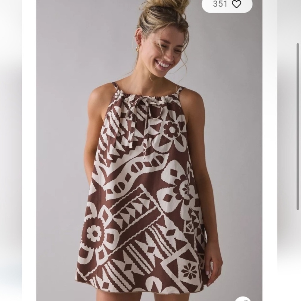 BDG Eva Tie-Front Ruched Strap Trapeze Mini Dress Brown Multi Small 100% Cotton